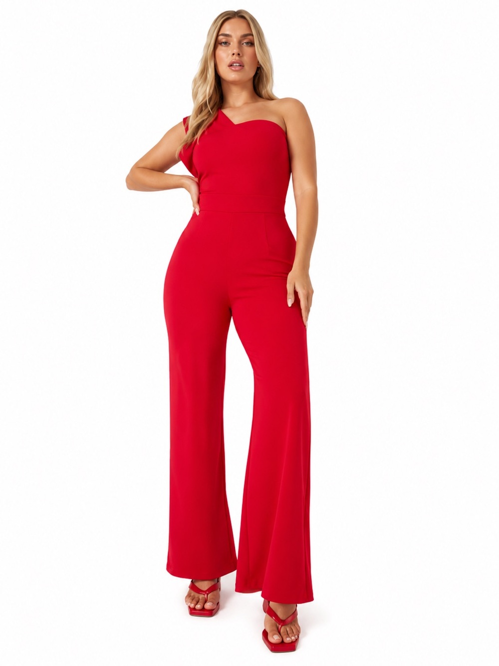 Boohoo Plus One-Shoulder Red Wide-Leg Jumpsuit